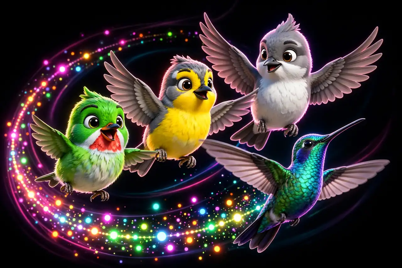 Las Chispas, the Puerto Rican spark birds — the emerald San Pedrito with its red throat, the yellow Reinita, the grey-crowned Pitirre and the iridescent Zumbador — flying a dotted trail of light