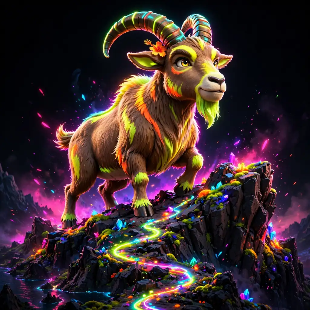Brinco, the Puerto Rican goat — warm caramel coat lit with sunset stripes and a hibiscus behind one ear, sure-footed on a rocky island path traced in light