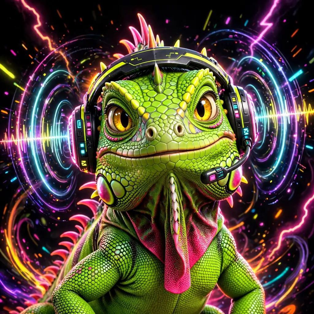 La Operadora, the CallPages iguana — electric green with hot-pink dorsal accents, wearing a futuristic voice-wave headset, rings of pure voice expanding around her