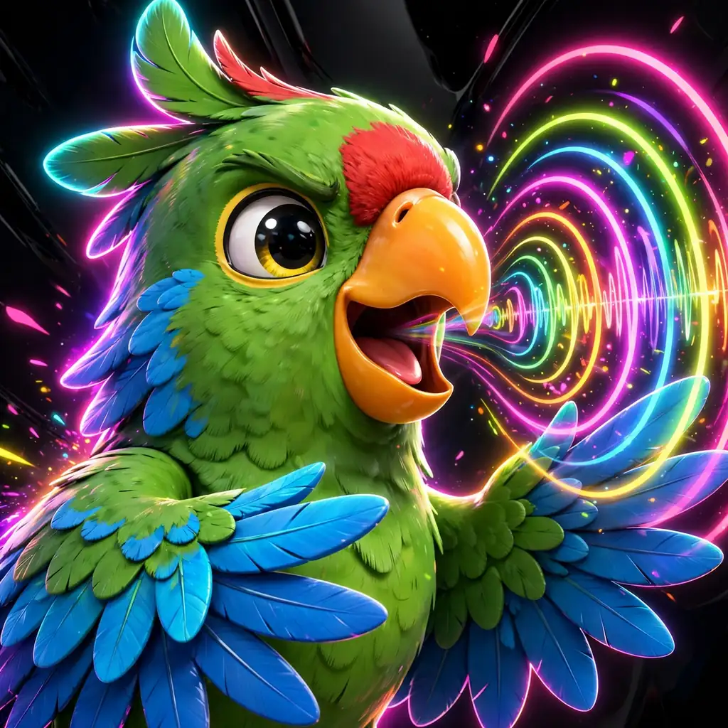 Iguaca, the Puerto Rican cotorra — vivid green with a red forehead and blue flight feathers, sending rings of voice out from her open beak