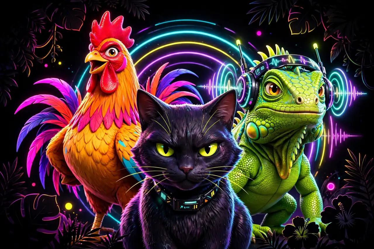 The CallPages Trinity — Vigía the cat in front with her luminous watchful eyes, Canto the rooster announcing at full voice, and La Operadora the iguana wearing her voice-wave headset — one crew, lit in acid neon on black