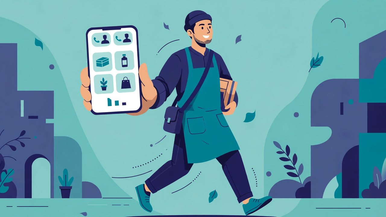 Illustration: a merchant with their business dashboard on a phone