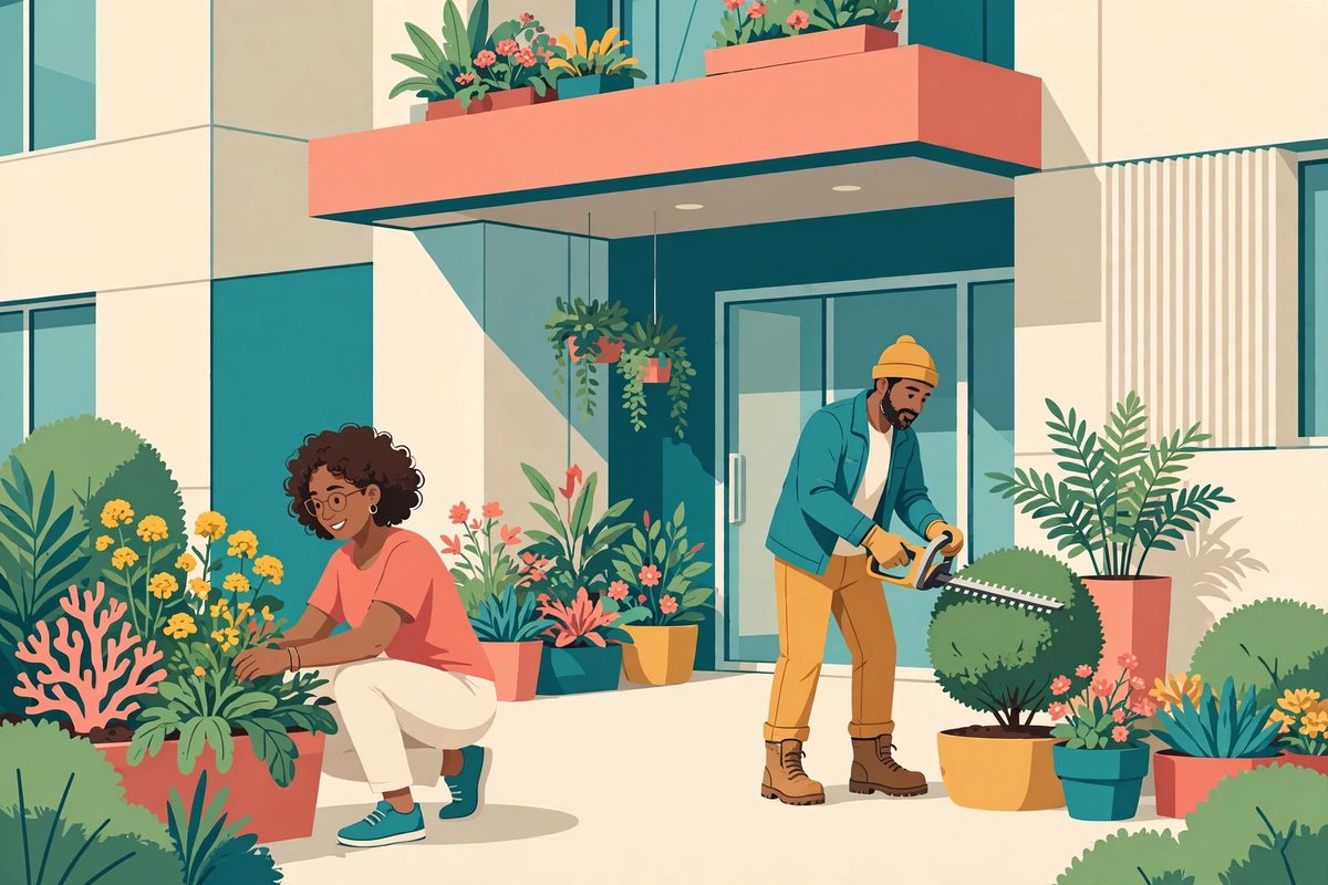 Jardinería, macetas y el frente de tu unidad (Landscaping & Planters)