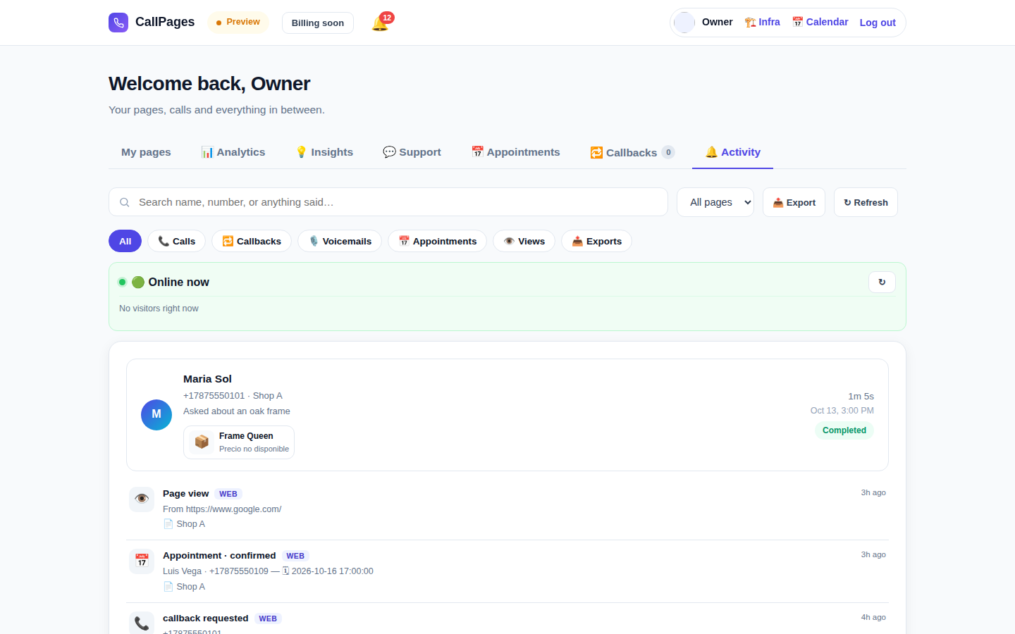 The Activity view: a call, a page view, an appointment and a callback request in one chronological feed, with type filter chips and one search box above