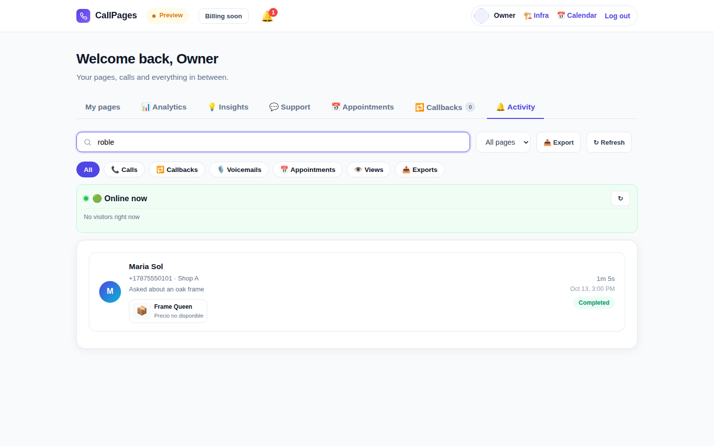 Searching Activity: one query matched across calls and other touchpoints at once