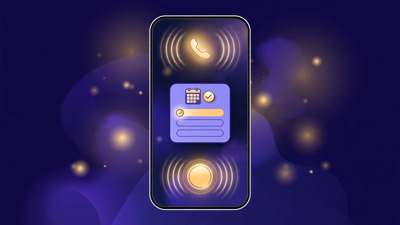 Illustration: a phone in an active voice call with a calendar slot being confirmed inside the same screen