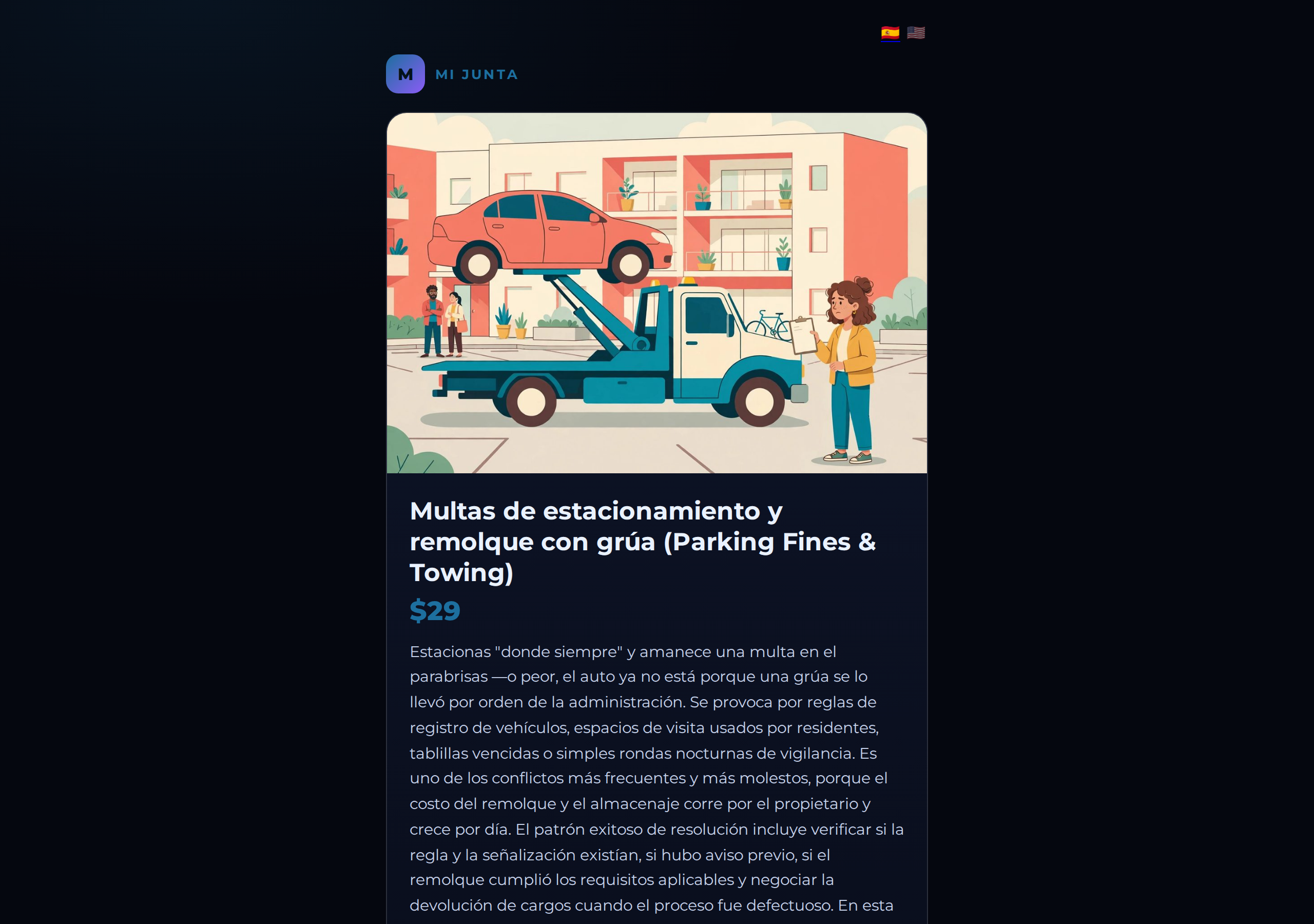 A Mi Junta product page — parking fines and towing — with its generated illustration