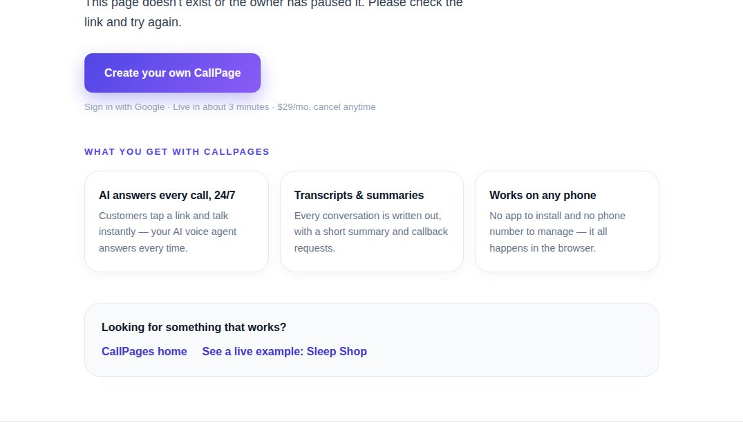 Detail of the branded error page in production: the way forward, styled like the rest of CallPages
