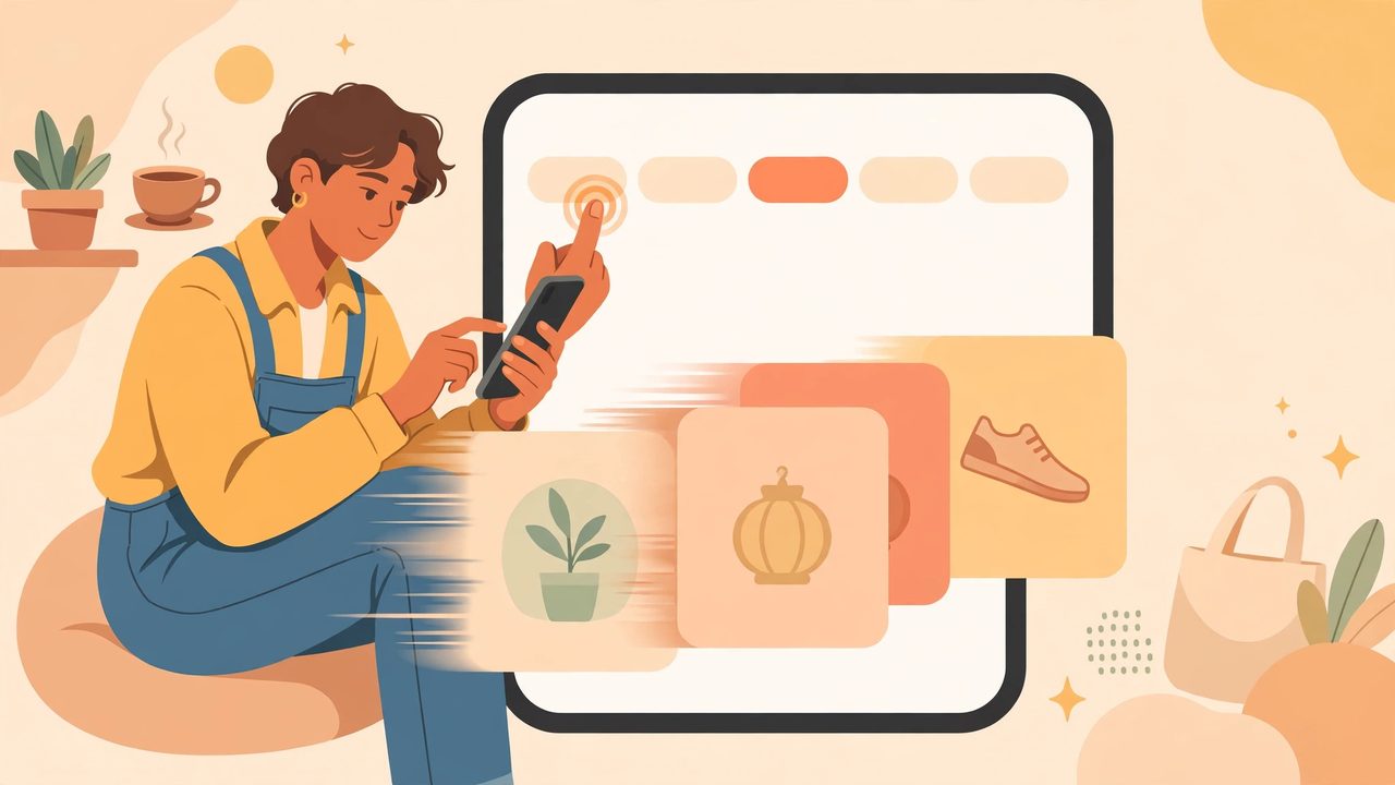 Illustration: a customer tapping through a shop's collection tabs on a phone, one tap per collection