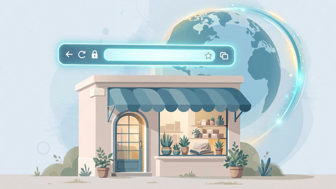 Illustration: a storefront living at its own web address, a glowing browser bar above the roof like a sign