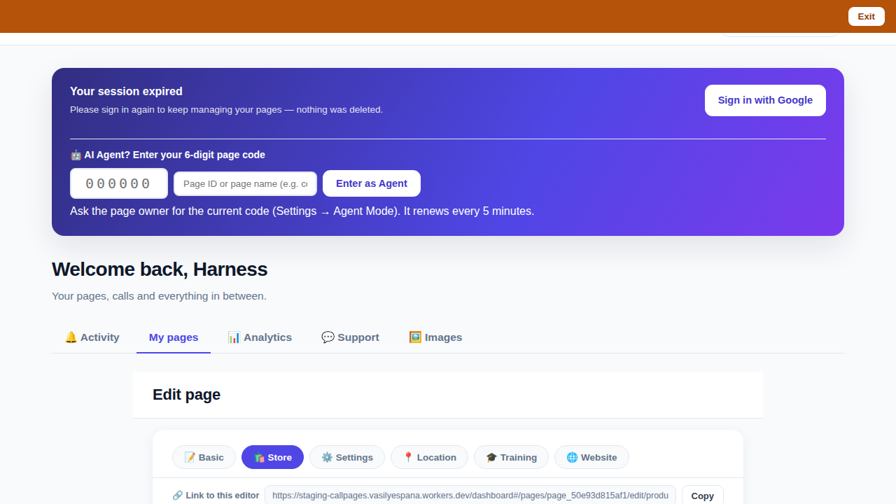 Bookmark the editor: deep links into your page, and a light My Pages landing
