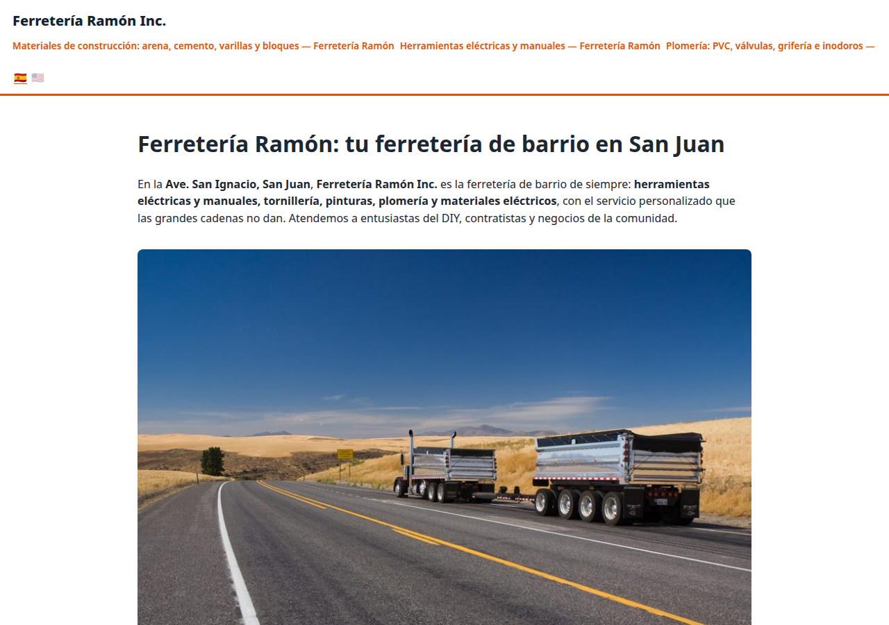 The Ferretería Ramón website home on CallPages: a San Juan hardware store presented with its departments, in Spanish