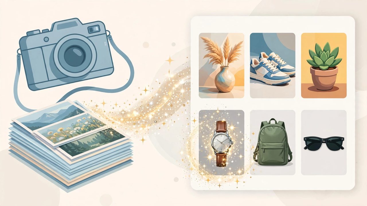 Illustration: photos flowing from a camera into polished product cards, placeholders turning into real pictures