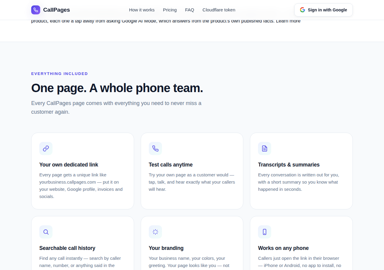 The features section of the new CallPages home page, beginning directly below the hero