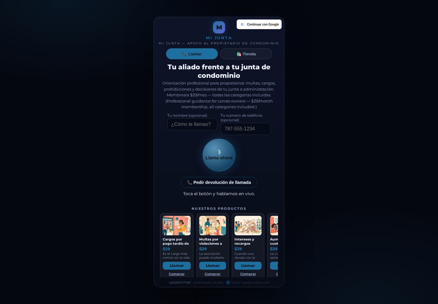 Mi Junta's CallPage in Spanish, with the flag selector at the top right