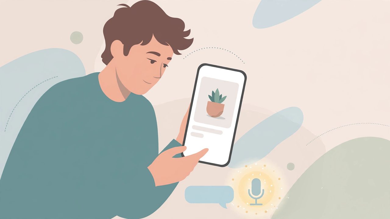 Illustration: a visitor pausing over a product while a quiet chat bubble offers help, a microphone glowing softly beside it
