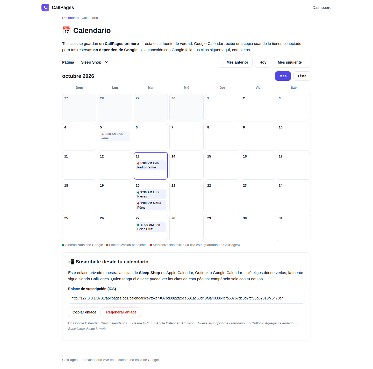 Your calendar, inside CallPages — no Google account required