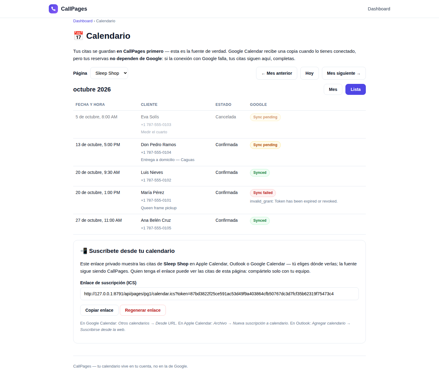 The built-in CallPages calendar in list view: the page's upcoming appointments as an agenda