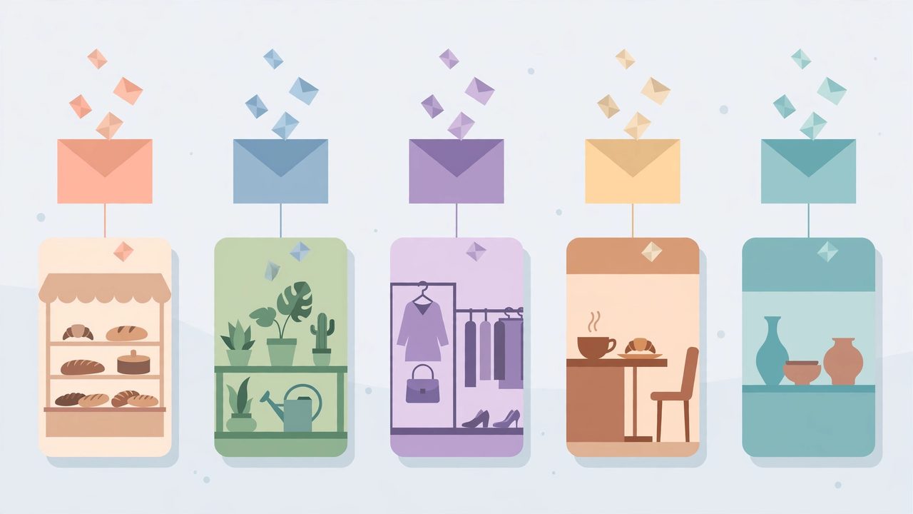 Illustration: every shop page with its own envelope — mail arriving addressed to the page itself