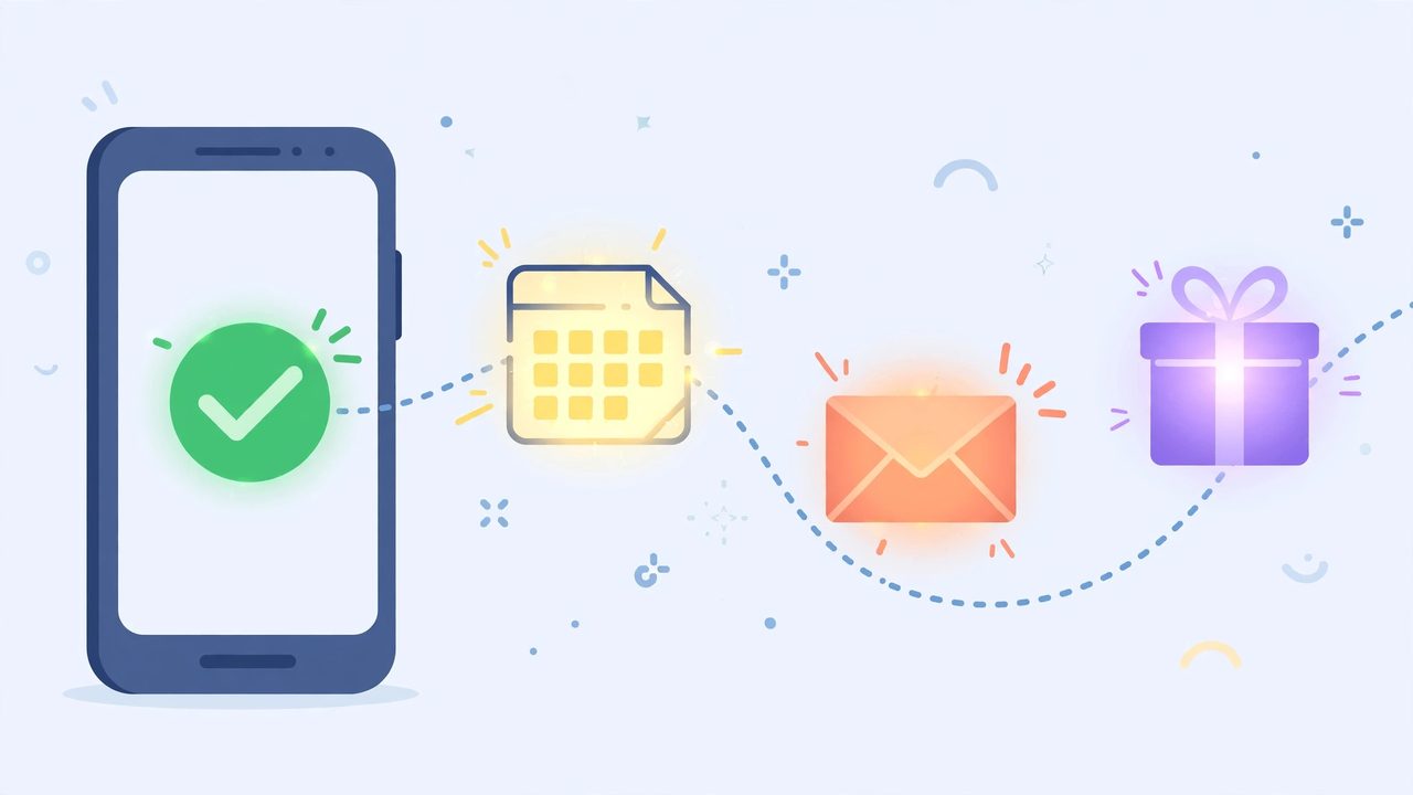 Illustration: a confirmed payment setting off the follow-through — calendar, email and delivery lighting up in sequence