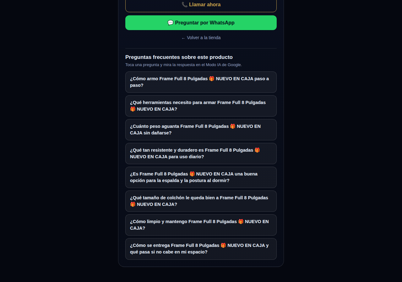 A bed-frame product page on CallPages whose frequent questions are about that frame: assembly steps, tools needed, weight capacity, durability, mattress size, cleaning, and delivery