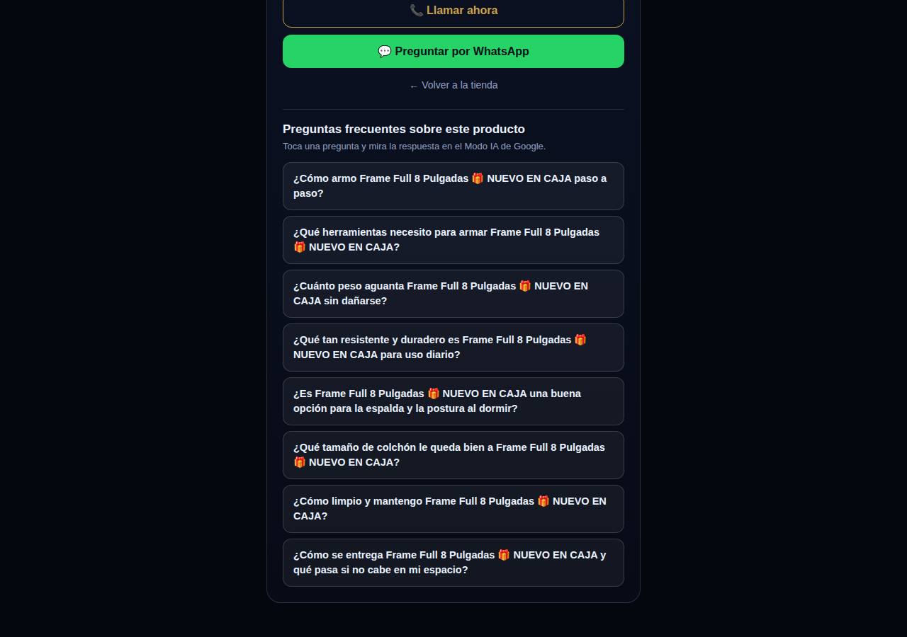 The bottom of a CallPages product page showing its questions section, in Spanish, each question ready to ask in Google AI Mode