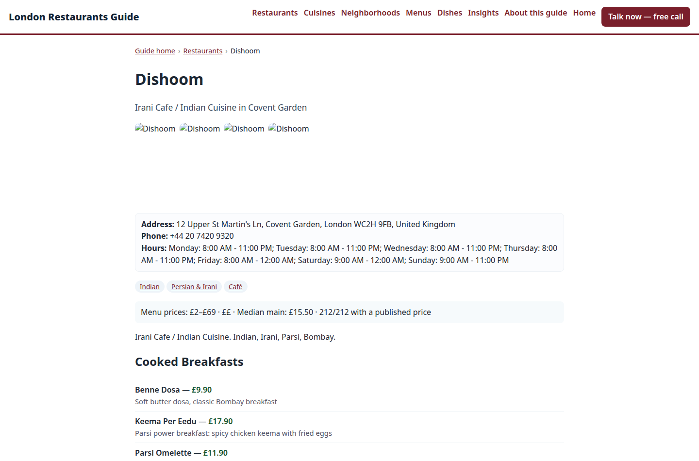Dishoom's profile inside the London guide — real address, hours, and a fully priced menu
