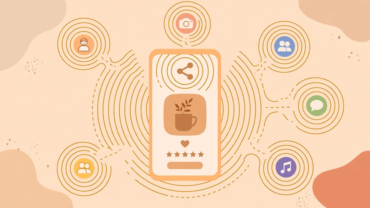 Illustration: a product page shared outward, ripples of share symbols reaching friends