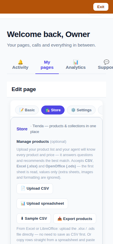 The page editor on a phone with the single Store tab selected: 'Tienda — products & collections in one place'