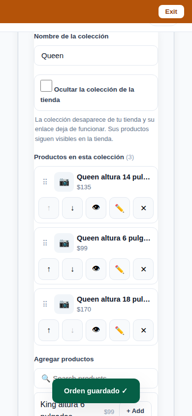 A collection open in the Store editor with its products listed inside it, each with reorder, hide and remove controls