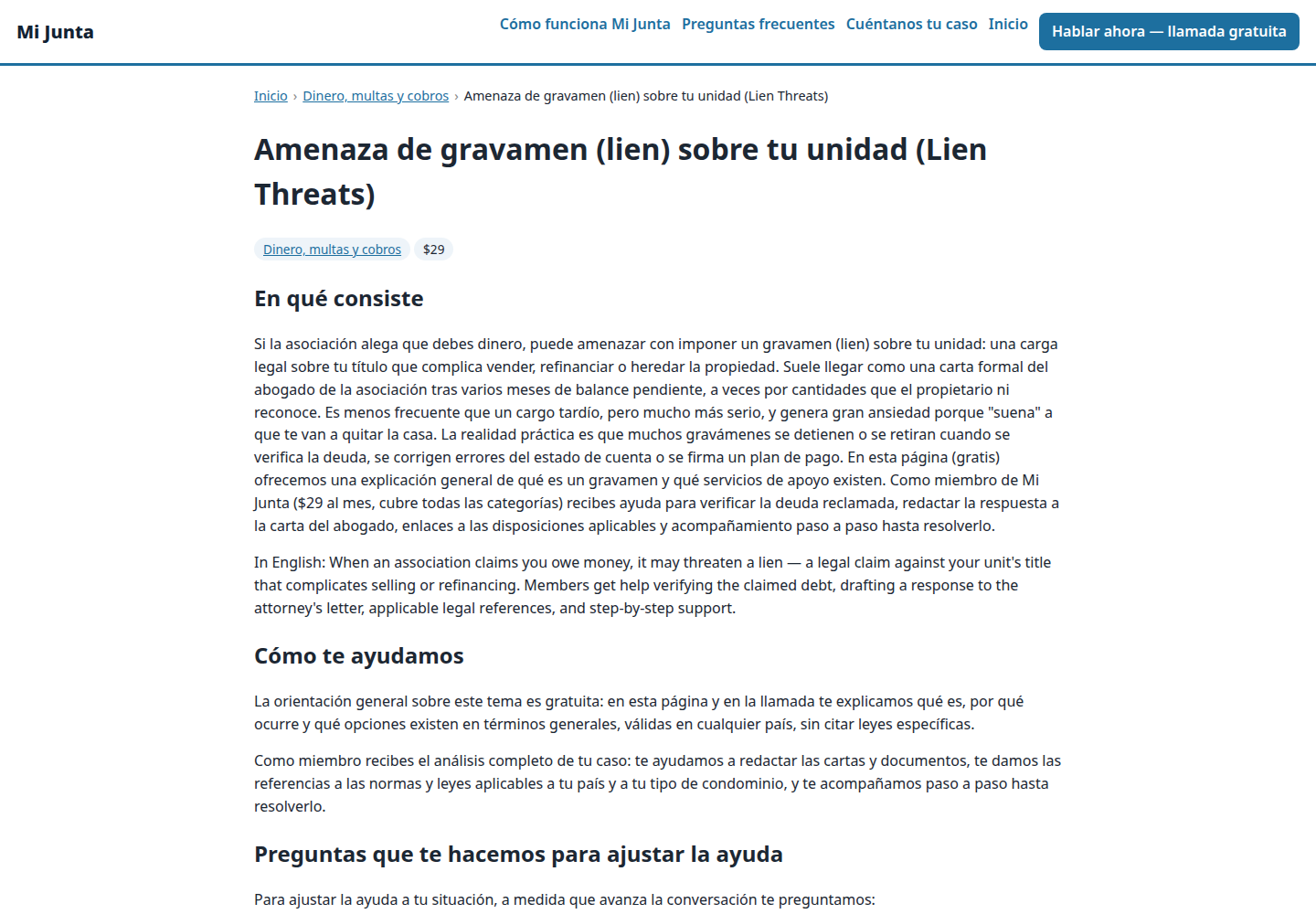 An issue page about lien threats, with breadcrumbs and related issues