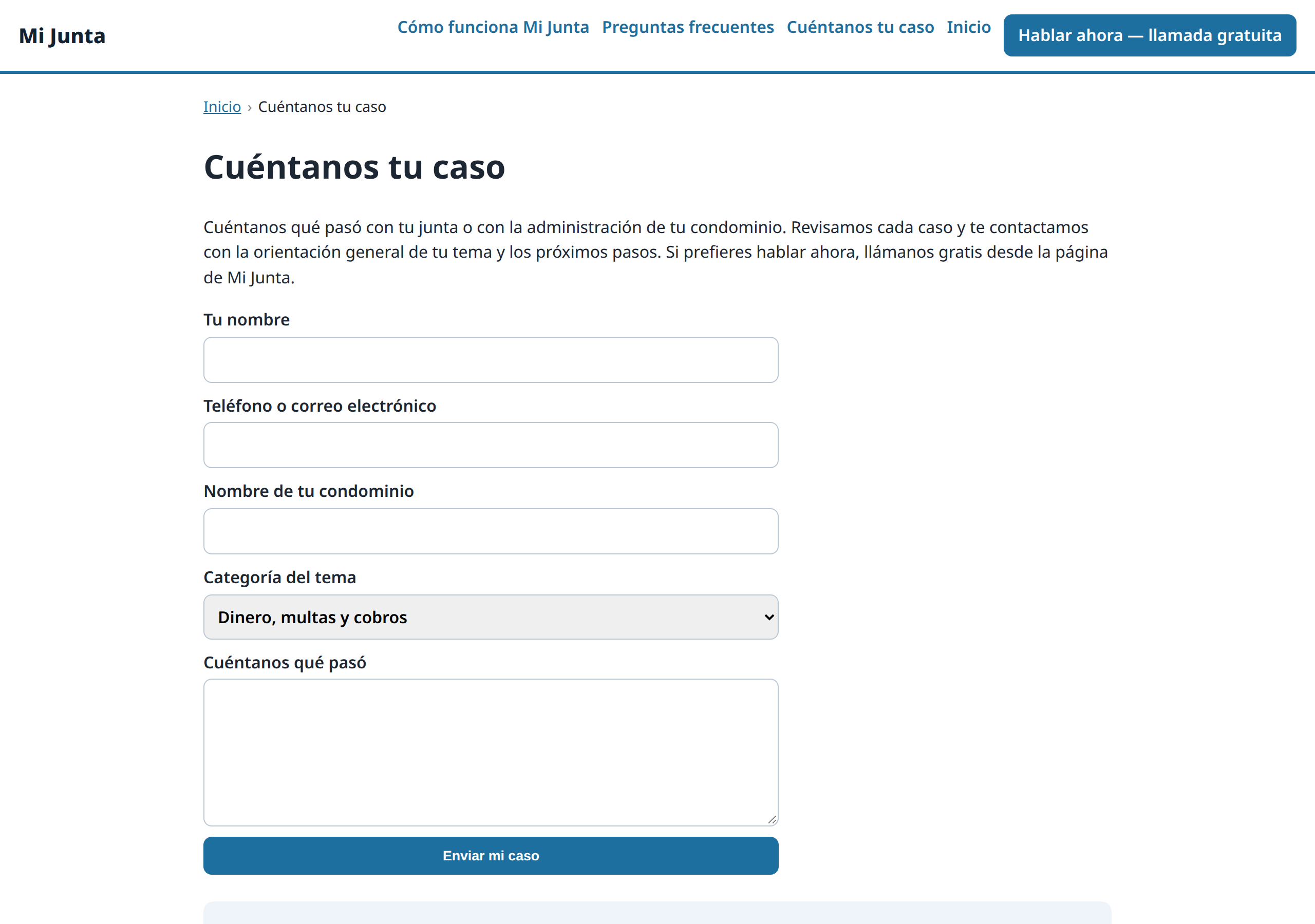The Cuéntanos tu caso intake form