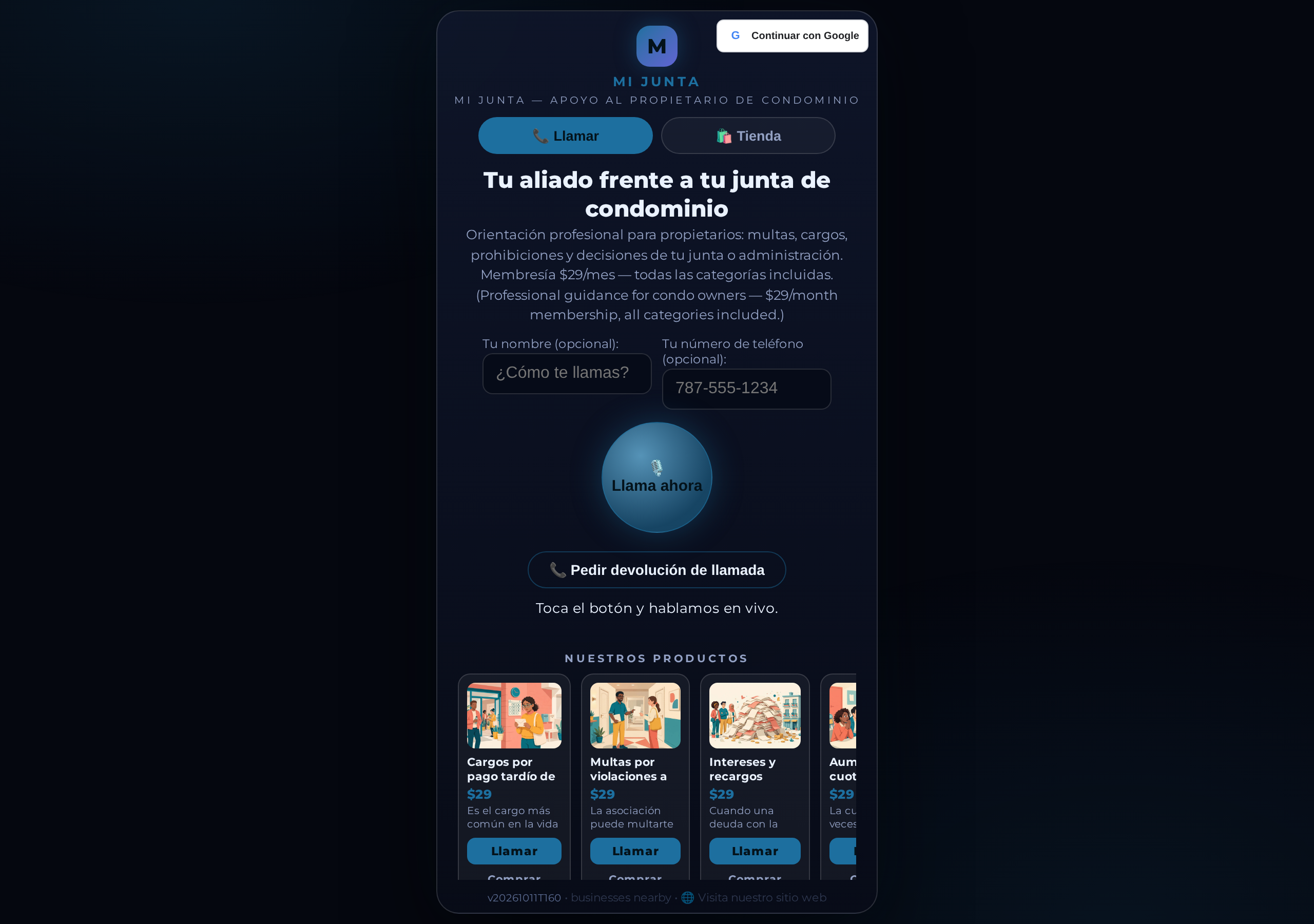 The bottom of Mi Junta's call page, showing the small footer website link