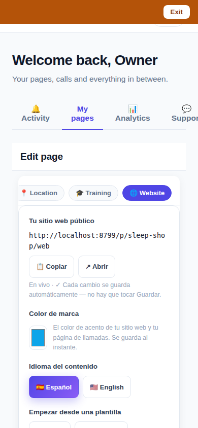 The Website Studio page list on a phone: authored pages grouped by path with per-language published and draft chips