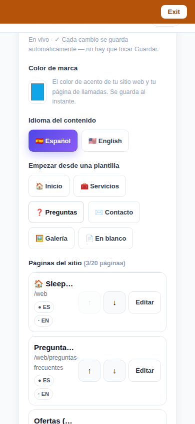 The block editor open on an FAQ page: section blocks stacked with edit controls, and the publish toggle