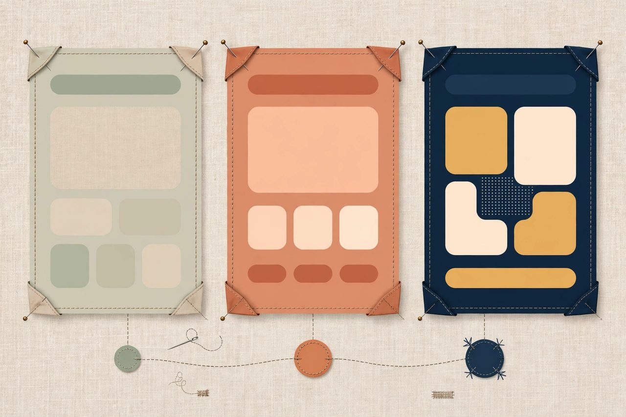 Illustration: one website in three design variations, with a version timeline of styles evolving underneath