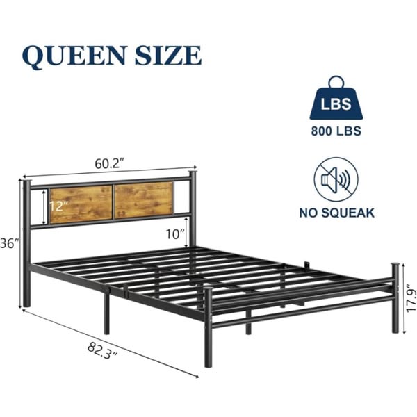 Frame Queen metal fuerte con cabecera de madera plataforma resistente