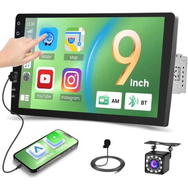 Radio 9 pulgadas de un solo DIN Carplay estéreo para automóvil Android Auto, radio de pantalla táctil